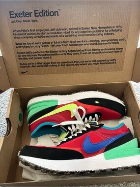 Nike Waffle One GS EXETER Edition Running Sneakers - Red, Blue, Green, Black